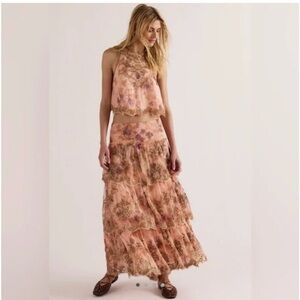Free People Maple Glow Embellished Top & Beaded Mesh Maxi Skirt Set L